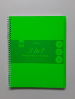 Collegeblock - Multiblock A4 - 3 in 1 kariert, liniert und blako, mit Rand - 90 Blatt / PP- Einband - grün